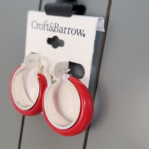 Croft & Barrow Red Silver Hoop Earrings Pierced 1.43in Resin Metal, Gift Bag - Picture 3 of 6